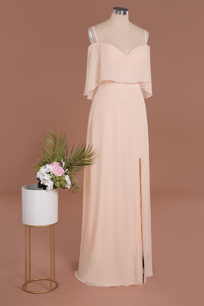 Elegant Champagne Off the Shoulder Chiffon Bridesmaid Dress Side Slit Wedding Guest Dress