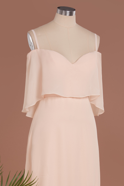 Elegant Champagne Off the Shoulder Chiffon Bridesmaid Dress Side Slit Wedding Guest Dress