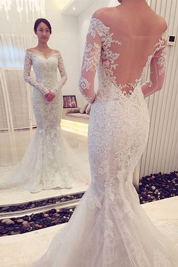 Elegant Sexy Mermaid Off-the-shoulder Long Sleeve Lace Wedding Dress -27Dress.co.uk
