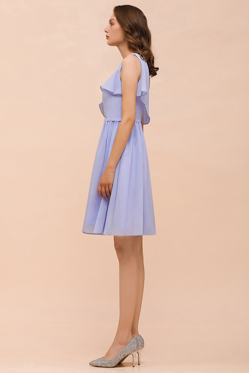 Elegant One Shoulder Knee Length Wedding Guest Dress Lavender Chiffon Bridesmaid Dress