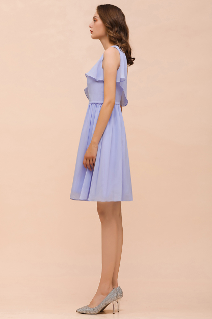 Elegant One Shoulder Knee Length Wedding Guest Dress Lavender Chiffon Bridesmaid Dress