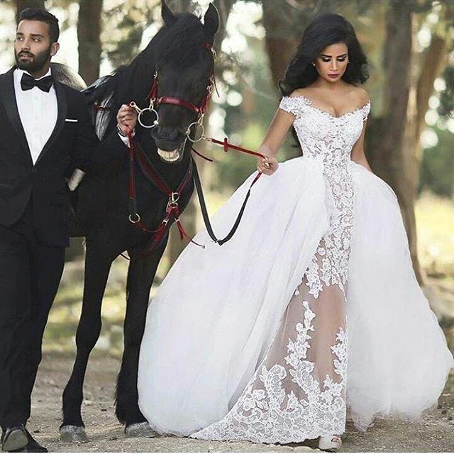 Lace Off-the-Shoulder Gorgeous Sheer Overskirt Detachable Wedding Dresses UK LY36