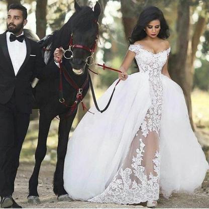 Lace Off-the-Shoulder Gorgeous Sheer Overskirt Detachable Wedding Dresses UK LY36