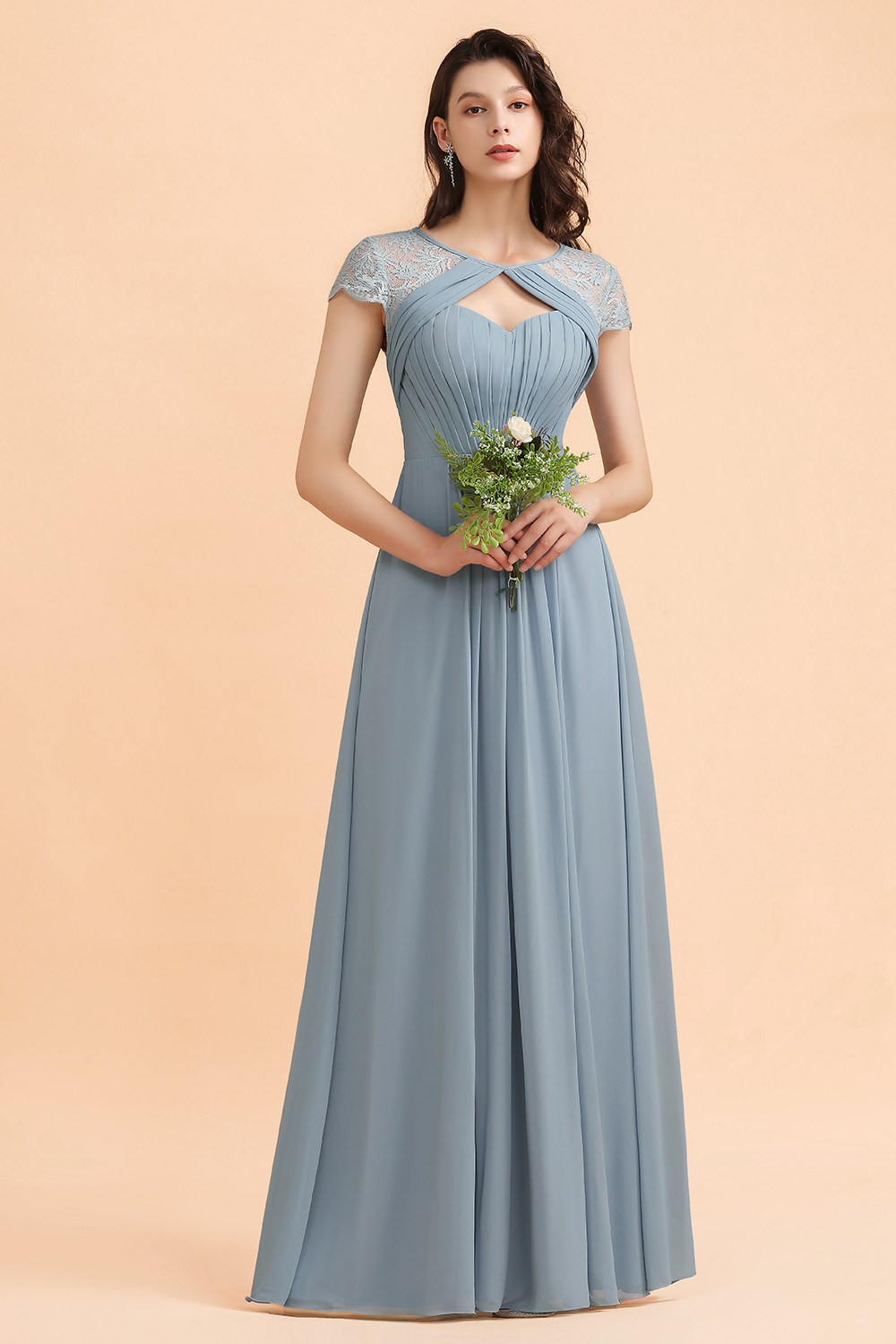 Elegant Short Sleeve Lace Chiffon Bridesmaid Dress Dusty Blue Formal Dress