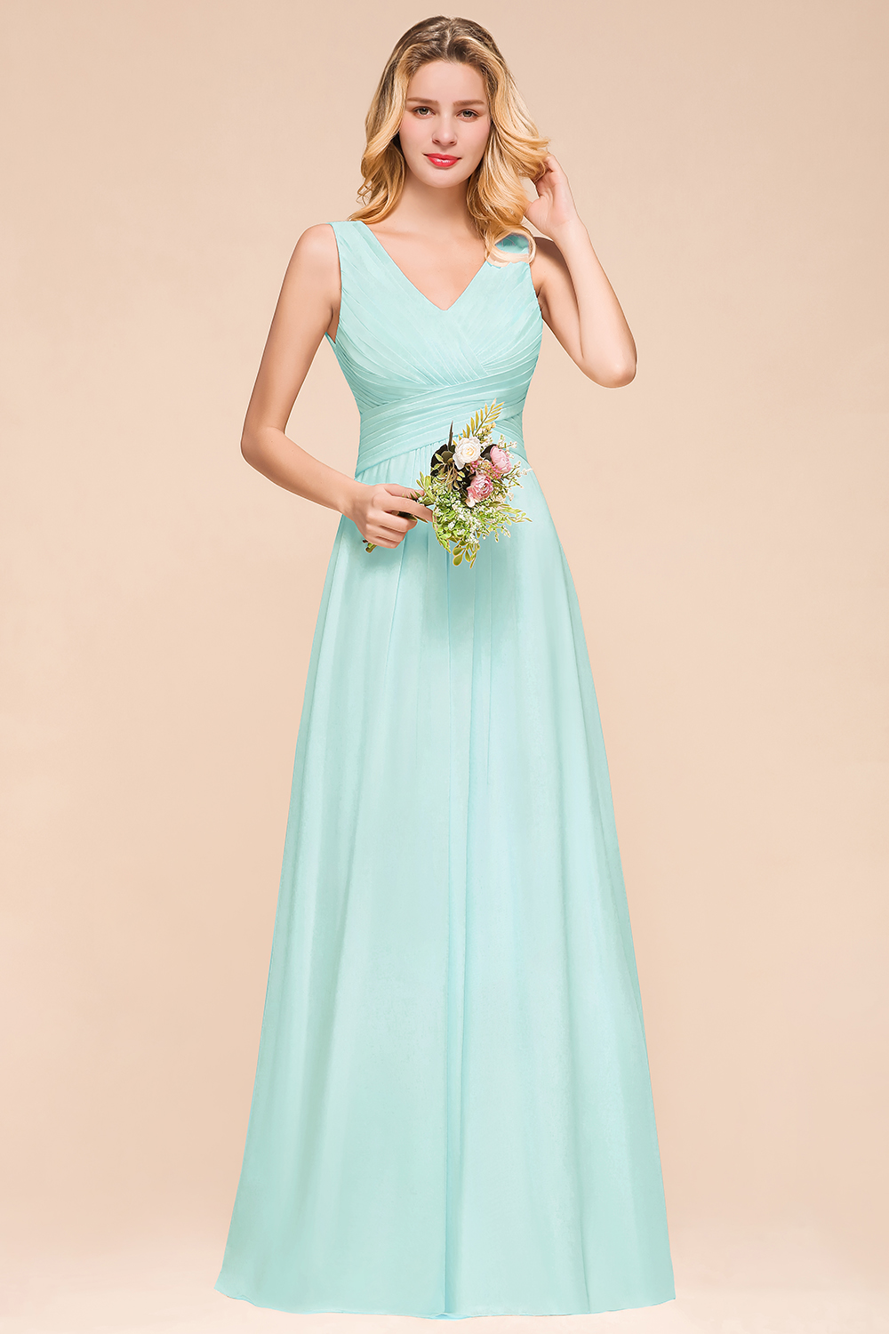 Mint Green Bridesmaid Dress Sleeveless V-Neck Long Wedding Party Dress