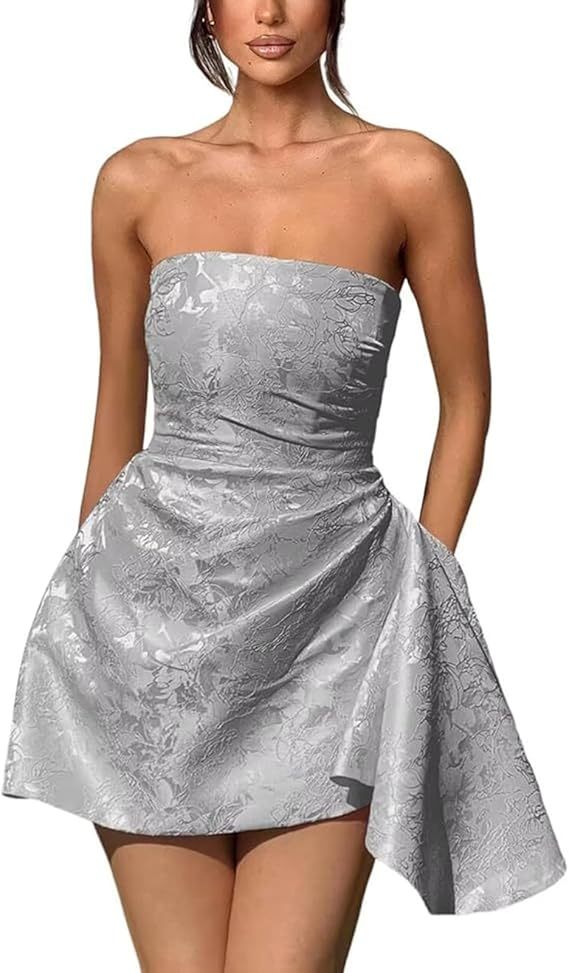 Strapless Ruched Satin Short Party Dress Sleeveless Knee Length Jacquard Homecoming Dress with Pocket