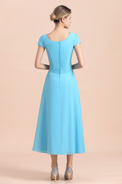 Blue Short Sleeves Chiffon Tea-Length Weddig Guest Dress