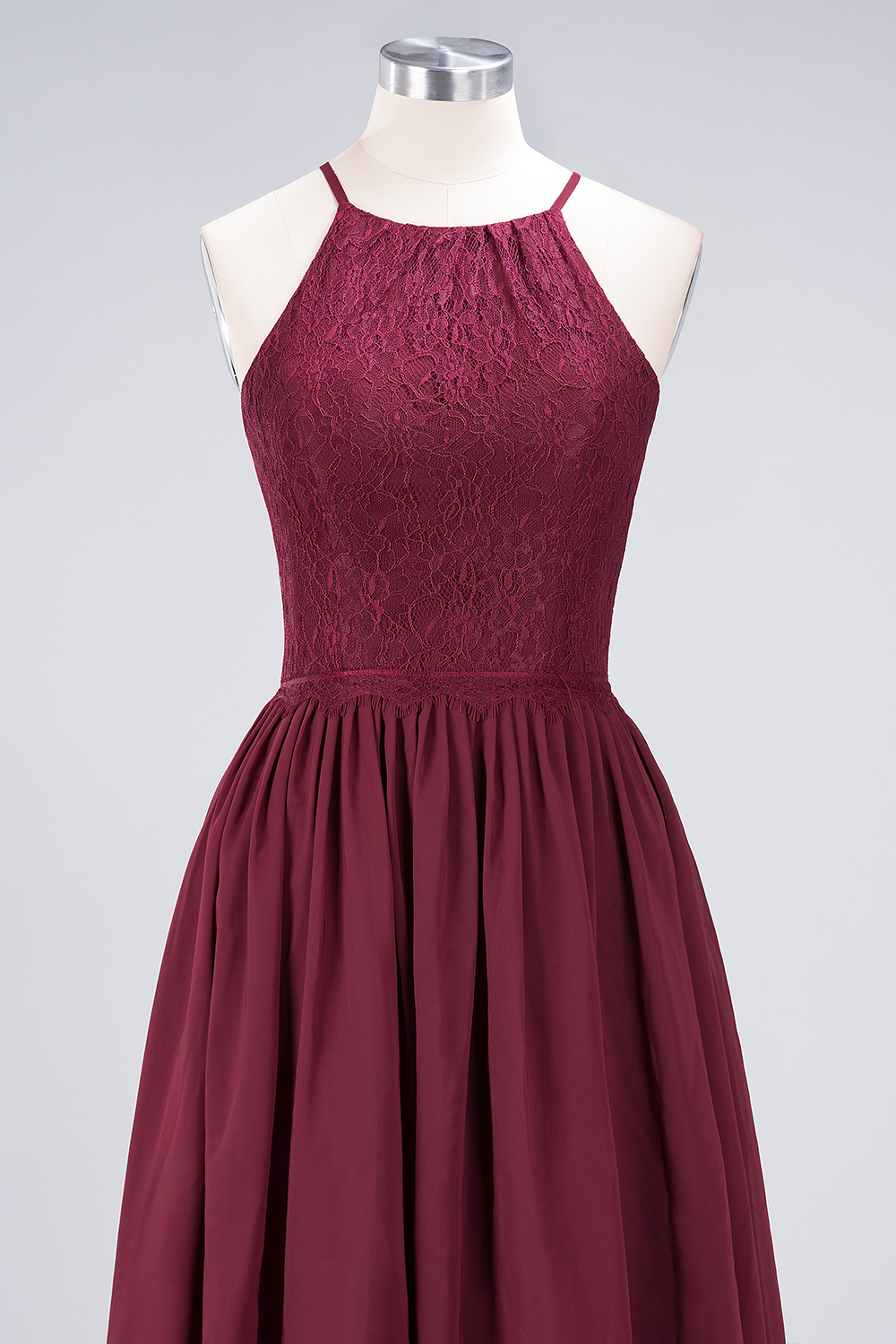 A-line Light Chiffon Lace Jewel Sleeveless Knee-Length Bridesmaid Dress UKes UK UK with Ruffles