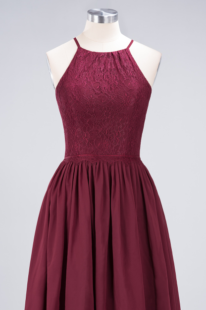 A-line Light Chiffon Lace Jewel Sleeveless Knee-Length Bridesmaid Dress UKes UK UK with Ruffles