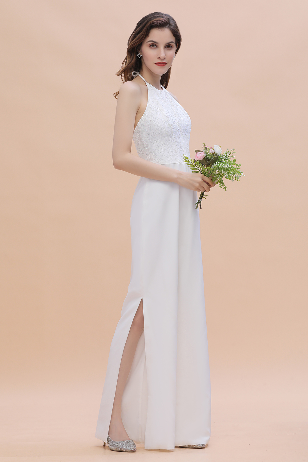 Halter Lace Long Bridesmaid Jumpsuit Side Slit Backless
