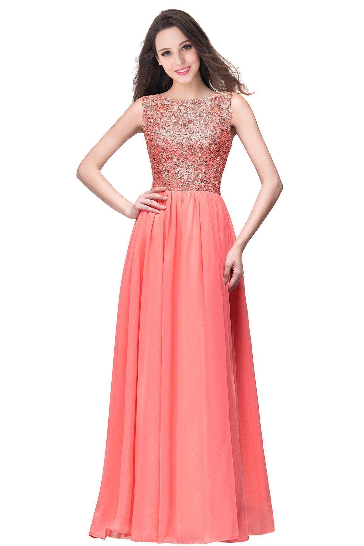 Modest Scoop Neck Floral Lace Formal Dress Floor Length Chiffon Bridesmaid Dress