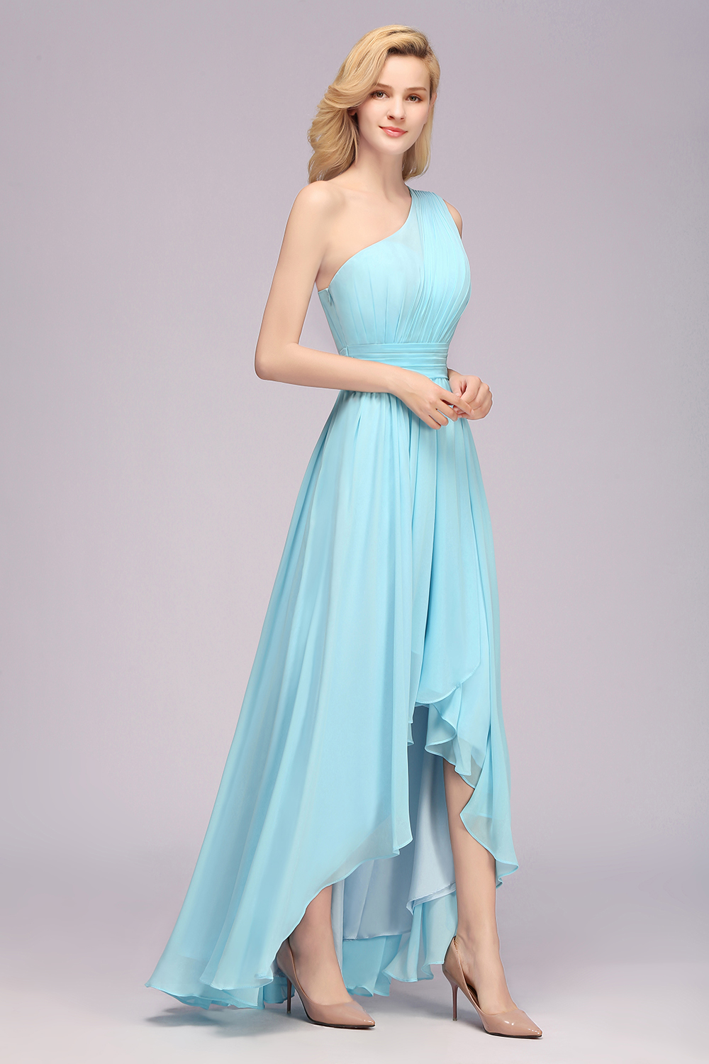 One Shoulder Hi-Lo Sky Blue Chiffon Bridesmaid Dresses
