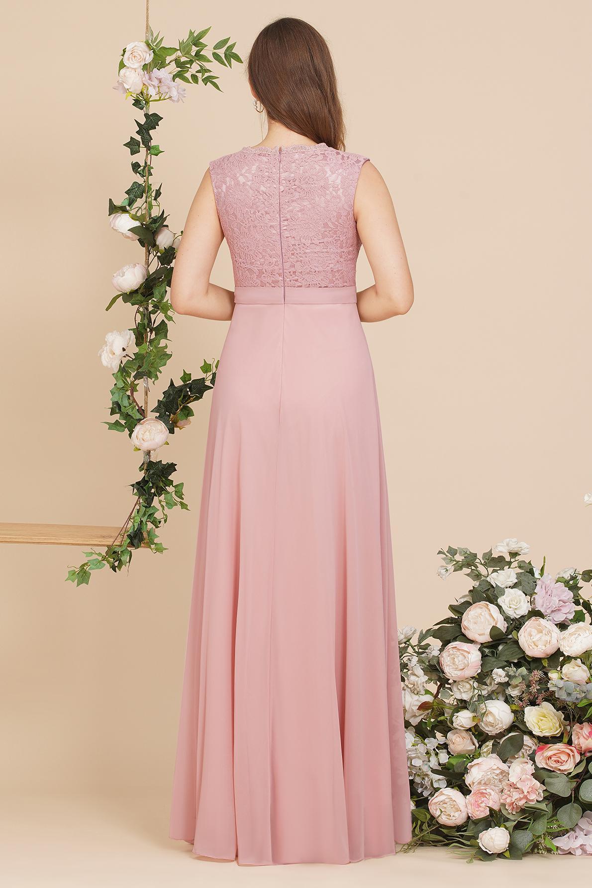 Elegant Sleeveless Dusty Pink Long Bridesmaid Dress Floral Lace Aline Wedding Guest Dress