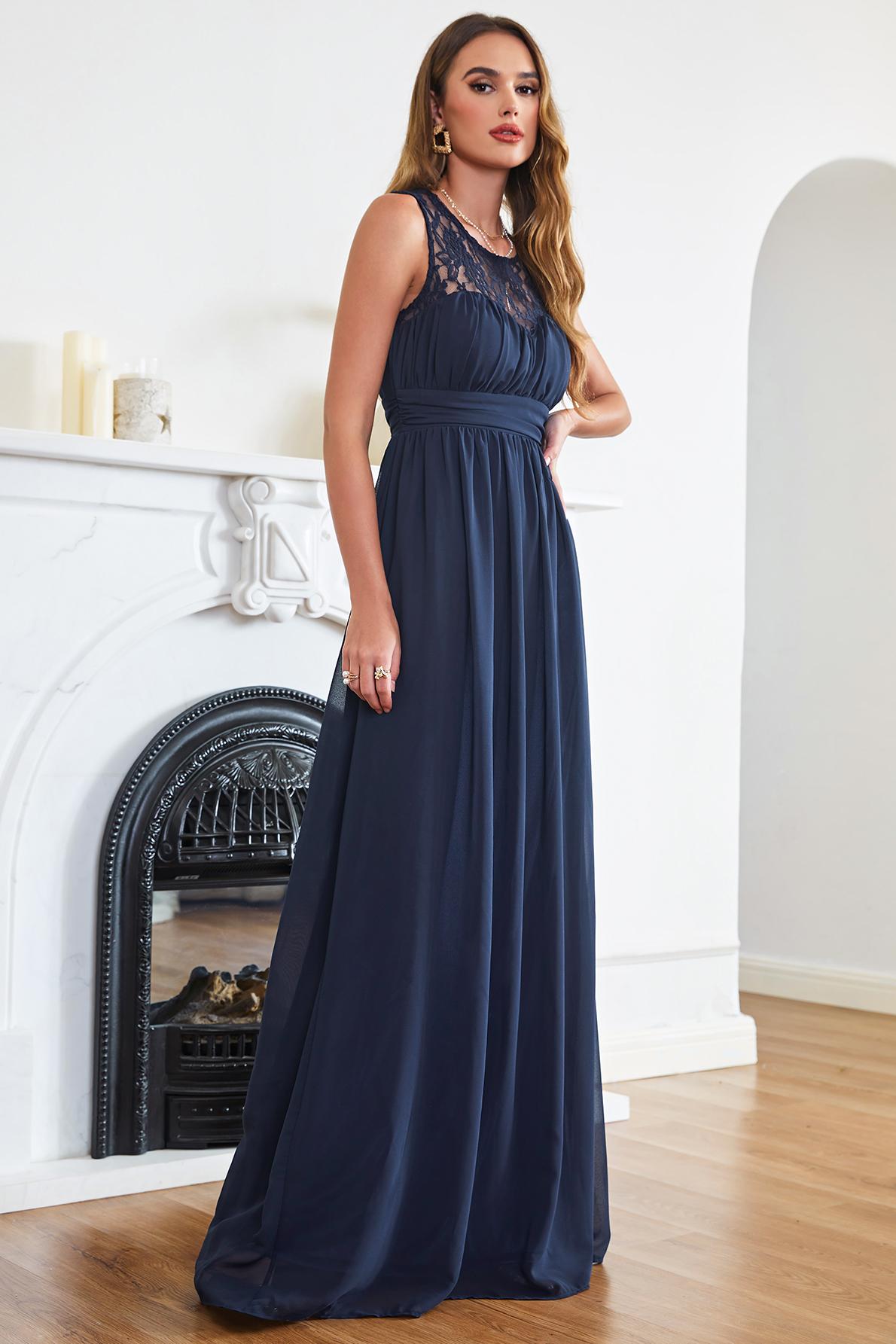 Elegant Ruched Chiffon Bridesmaid Dress Sleeveless Floral Lace Floor Length Dress for Casual Wear