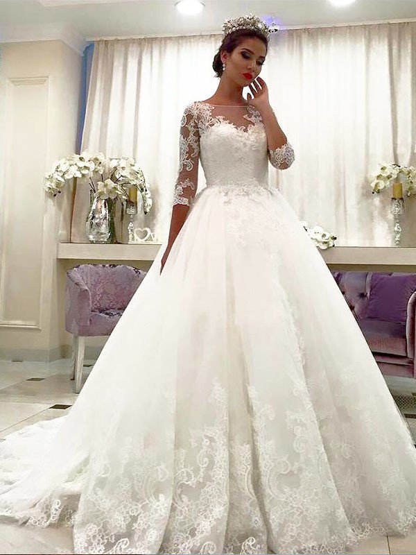 Bateau Court Train Ball Gown Lace Tulle 3/4 Sleeves Wedding Dresses UK-27Dress.co.uk