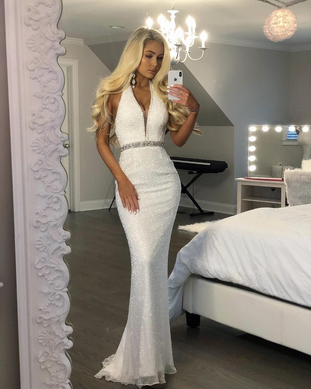 Halter V-neck Mermaid Prom Dresses | White Evening Gowns with Beading Sash-27Dress.co.uk