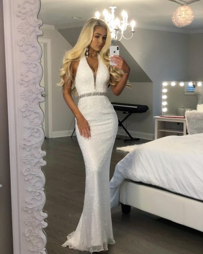 Halter V-neck Mermaid Prom Dresses | White Evening Gowns with Beading Sash-27Dress.co.uk