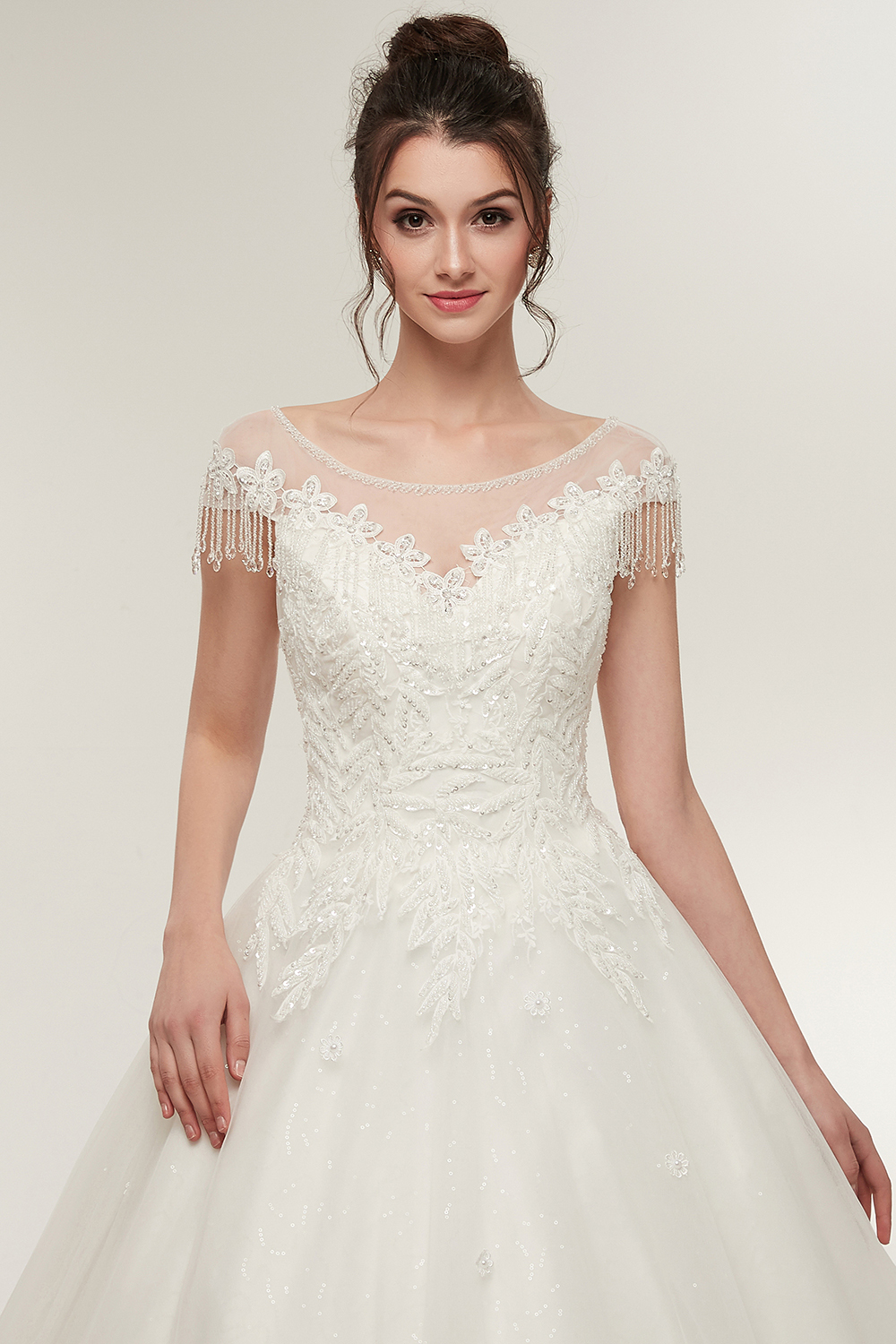 Cap Sleeves Scoop Tulle Lace Wedding Dress Aline Floor Length Crystals Bridal Dress