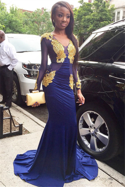Amazing Elegant Mermaid Sexy V-Neck Long Sleeves Velvet Gold Lace Appliques Prom Dress UKes UK UK