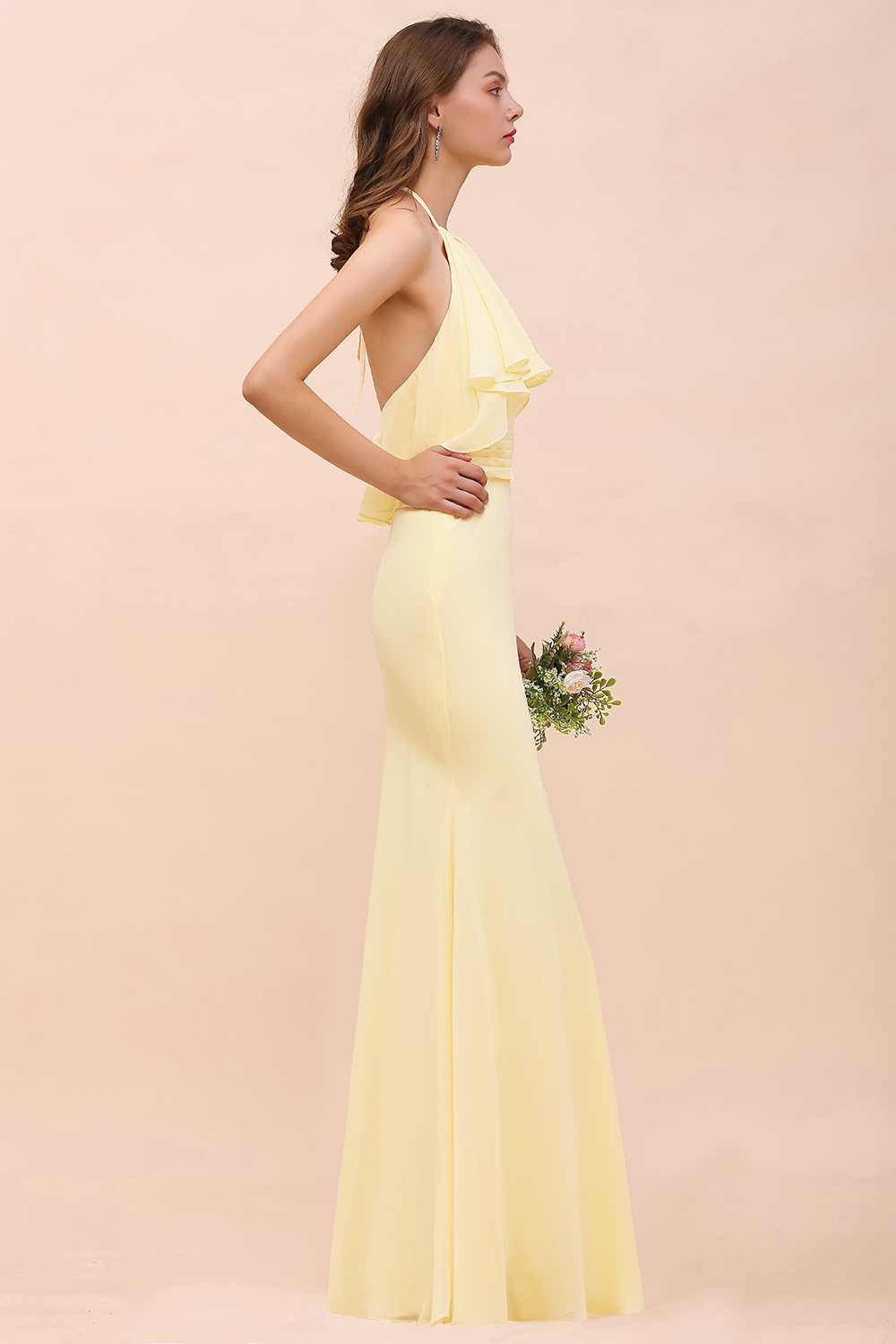 Halter Mermaid Ruffle Bridesmaid Dress Backless Daffodi Long Wedding Guest Dress