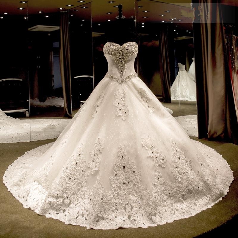Glamorous Ball Gown Wedding Dresses UK Sweetheart Neck Crystals Lace-up Back Cathedral Train Bridal Gowns