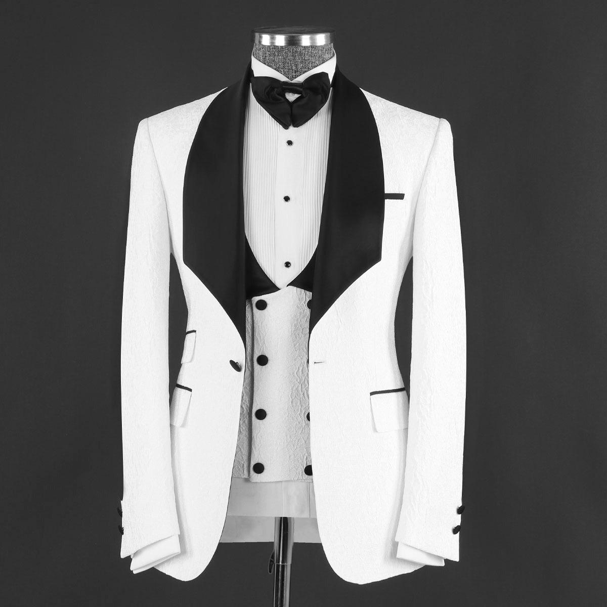 Herman Chic White Jacquard Three Pieces Shawl Lapel Wedding Suits