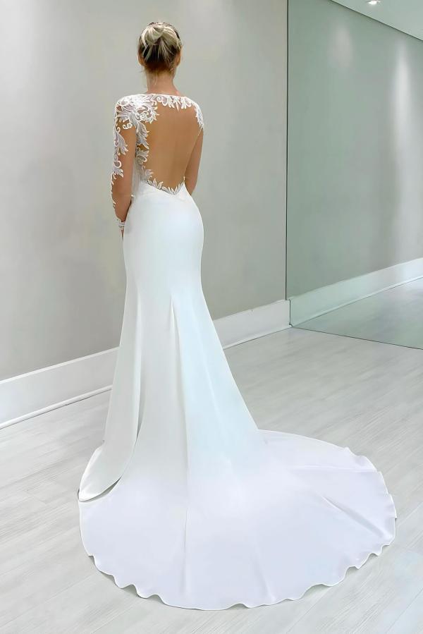 Elegant White Satin Long Wedding Dress with Floral Lace Sleeves-27Dress.co.uk