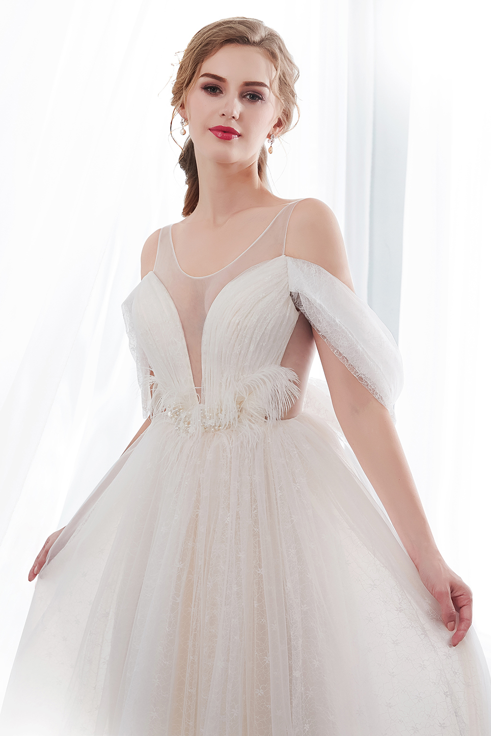 NANCY | A-line Sleeveless Floor Length Lace Ivory Wedding Dresses UK