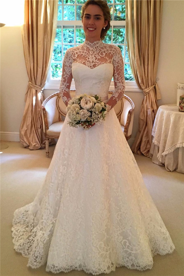 Elegant Lace A-line Wedding Dress Long Sleeve High Neck