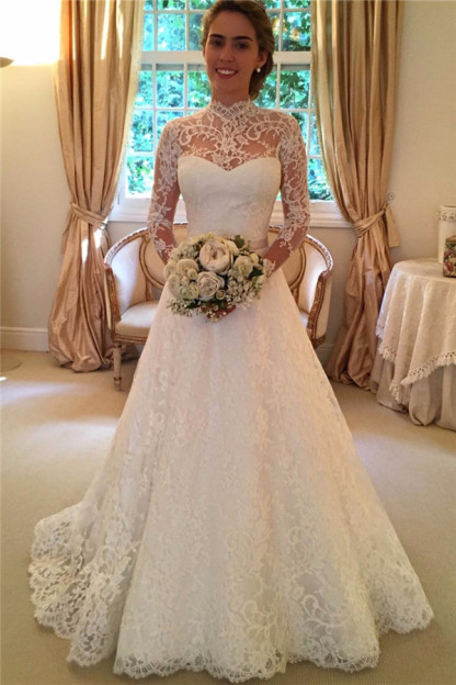 Elegant Lace A-line Wedding Dress Long Sleeve High Neck