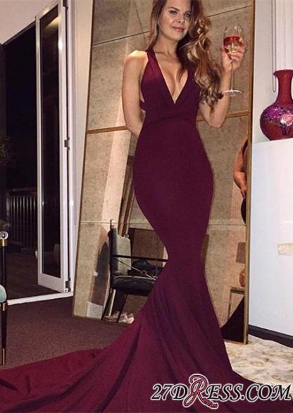 Sweep-Train V-neck Burgundy Elegant Mermaid Sleeveless Prom Dress UK sp0259