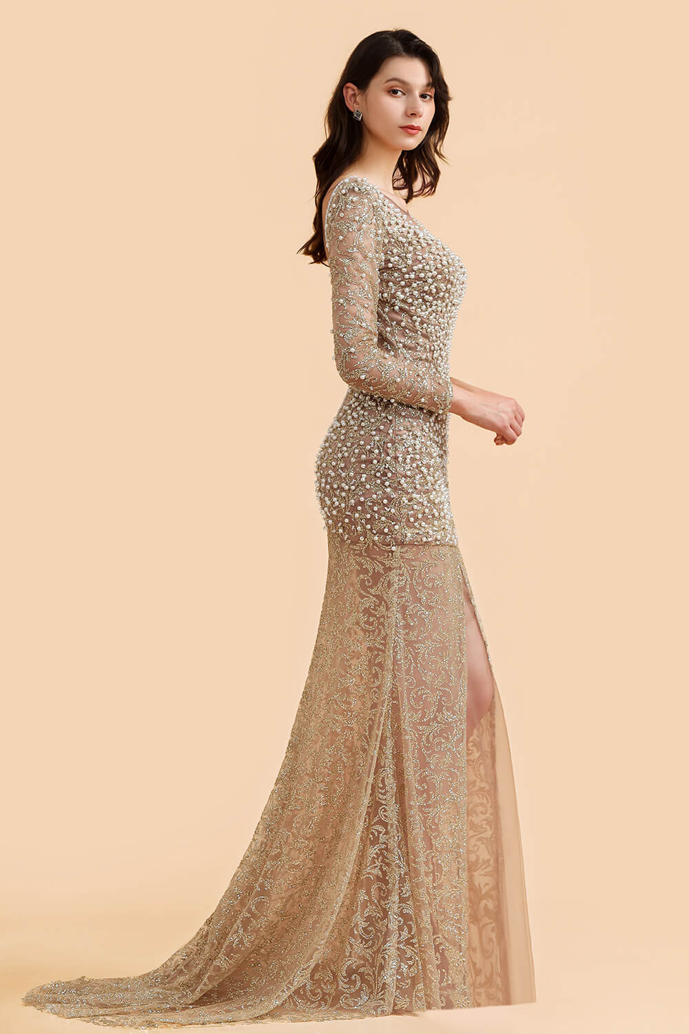 Glamorous Mermaid Long Sleeves Long Prom Dress with Pearls