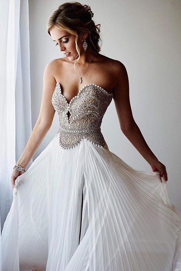 Sexy Beads Sweetheart Pearls Lace Appliques Prom Dress UKes UK Side slit Sleeveless Evening Dress UKes UK