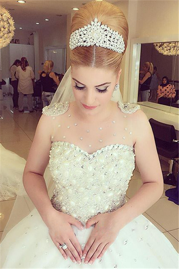 Elegant Beads Tulle Wedding Dress Ball Gown Floor-length MH052