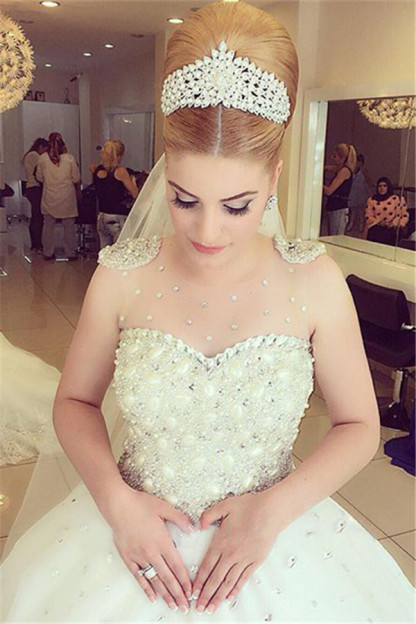 Elegant Beads Tulle Wedding Dress Ball Gown Floor-length MH052