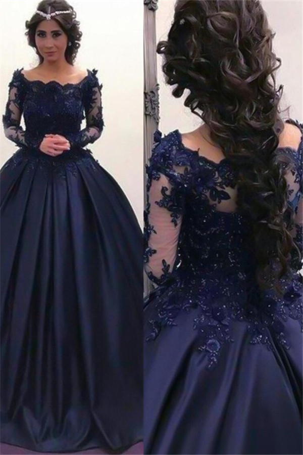 Lace Lace Appliques Bateau Long Sleeves Prom Dress UK Ball Gown Evening Dress UK with Beads-27Dress.co.uk