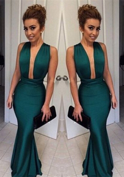 Elegant Deep V-Neck Sleeveless Long Prom Dress UK Floor Length