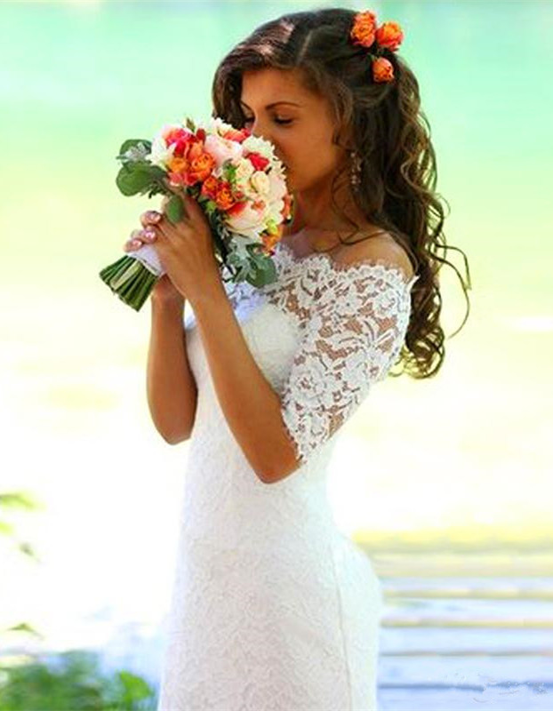 Modern Off-the-shoulder Half-sleeve Sexy Mermaid Wedding Dress With Lace