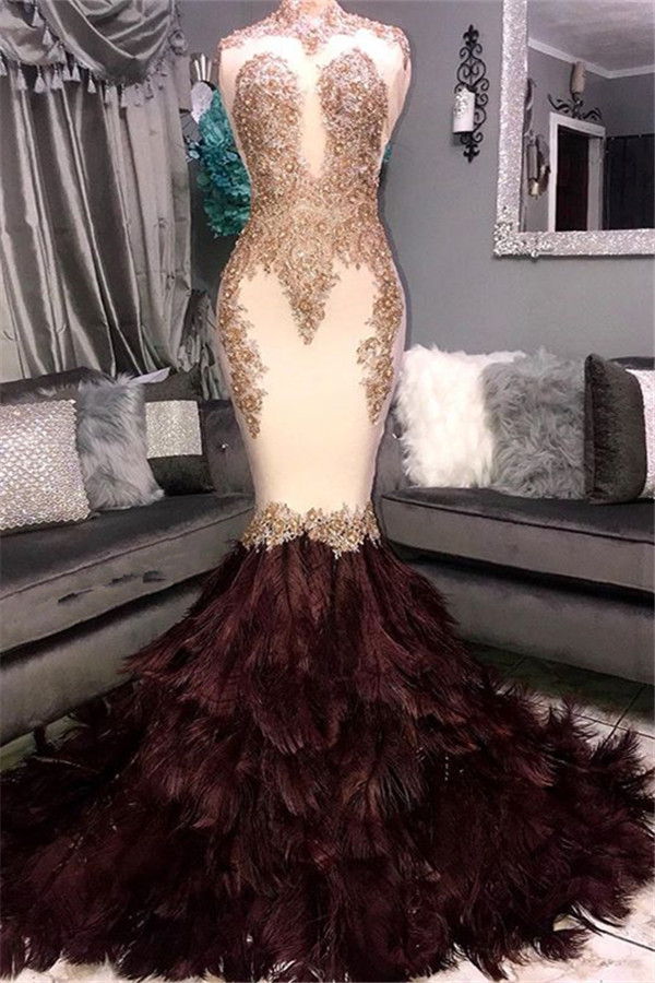 Luxury Elegant Mermaid High Neck Sleeveless Fur Lace Appliques Prom Dress UKes UK UK