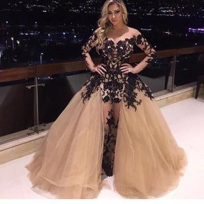 Gorgeous Long Sleeve Black Appliques Prom Dress UK Tulle Ruffles Party Gowns BA8156
