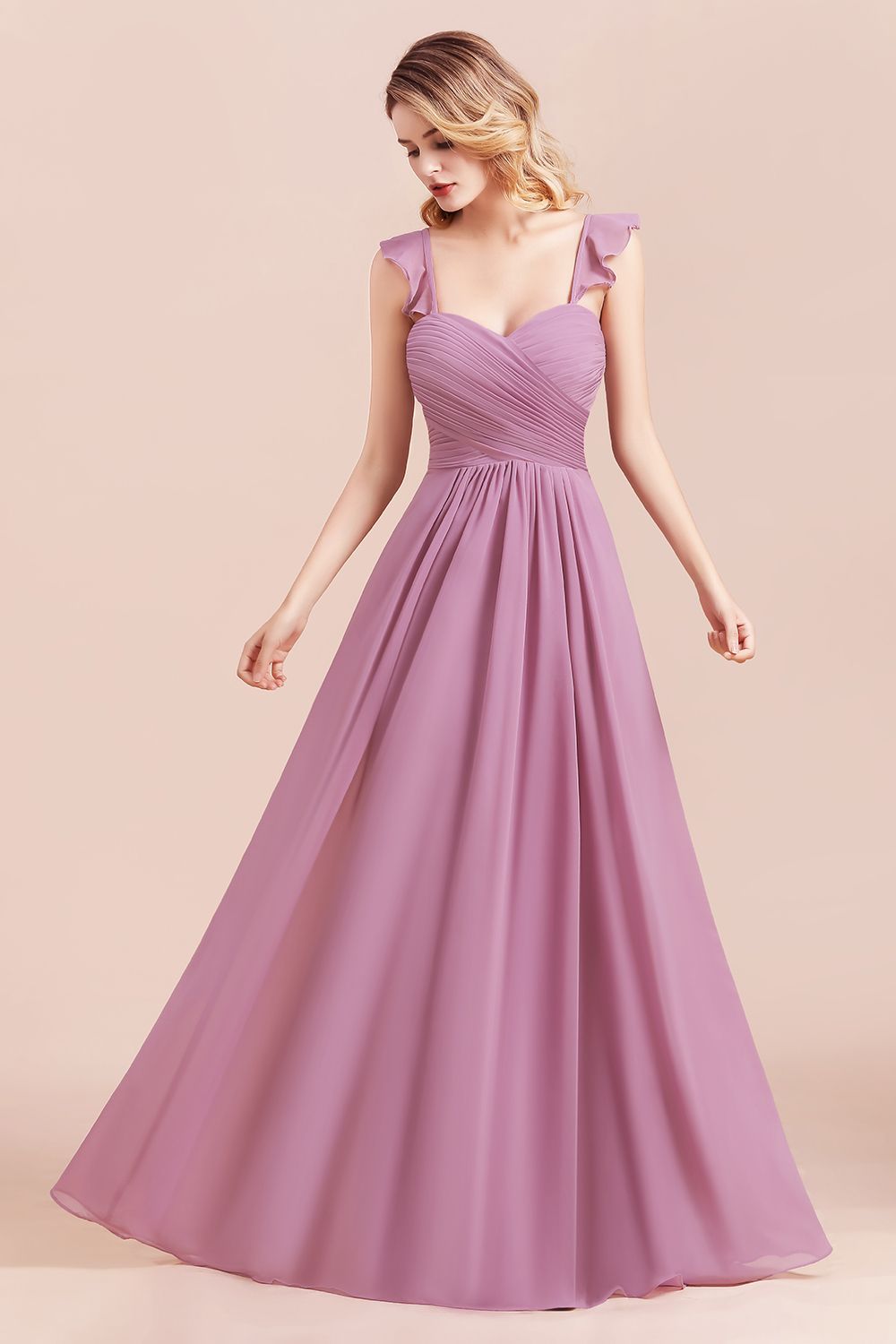 Sweetheart Wisteria Ruched Chiffon Bridesmaid Dresses with Straps