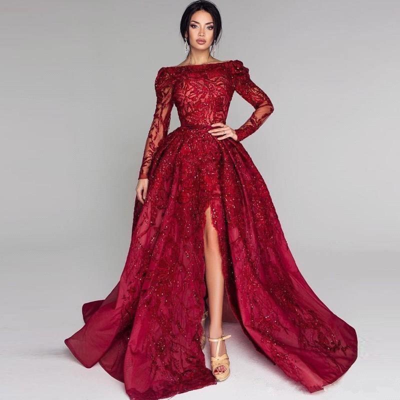Ball Gown Backless Burgundy Beading Appliques Long Sleeves Formal Dresses-27Dress.co.uk