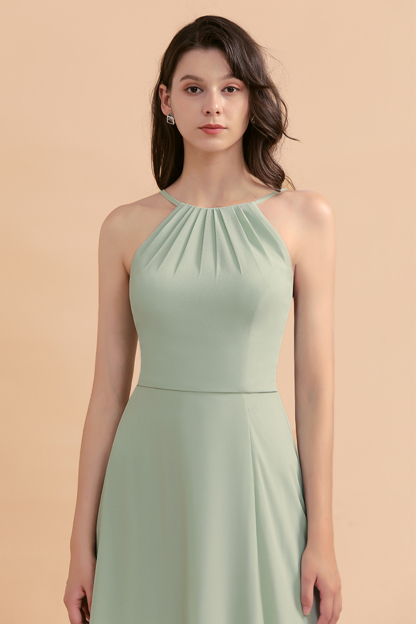 Chic Halter Chiffon Dusty Sage Bridesmaid Dress with Front Slit