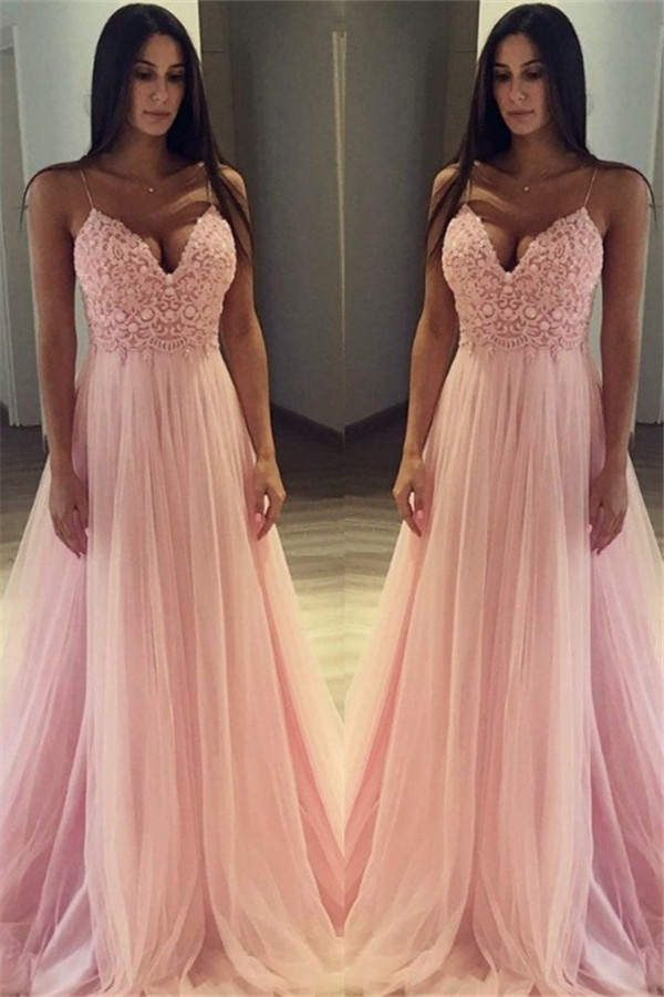 Pink Spaghetti Strap Applique Prom Dress UKes UK Sleeveless Tulle Sexy Elegant Evening Dress UKes UK