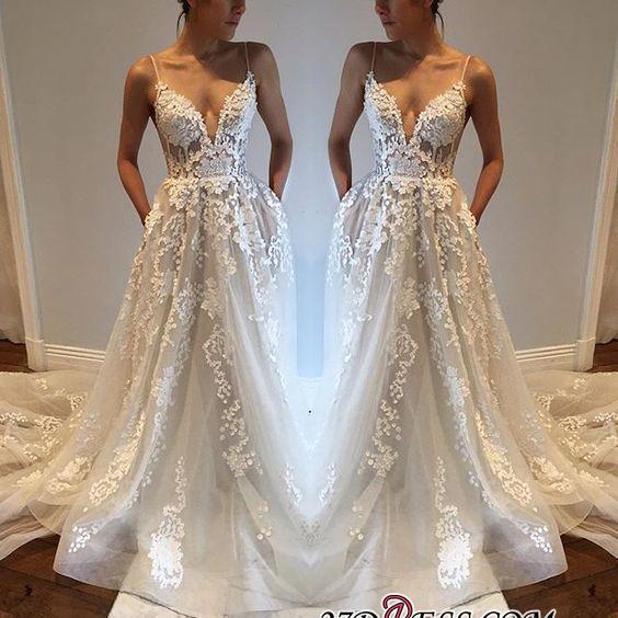 A-Line Appliques V-Neck Spaghetti-Straps Tulle Wedding Dresses UK qq0275