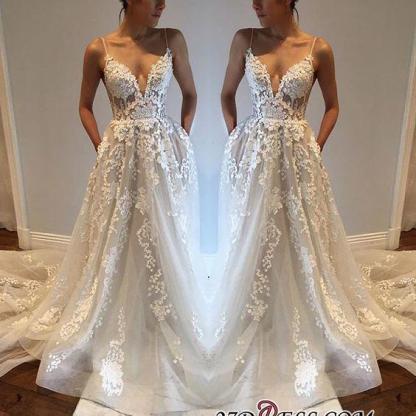 A-Line Appliques V-Neck Spaghetti-Straps Tulle Wedding Dresses UK qq0275