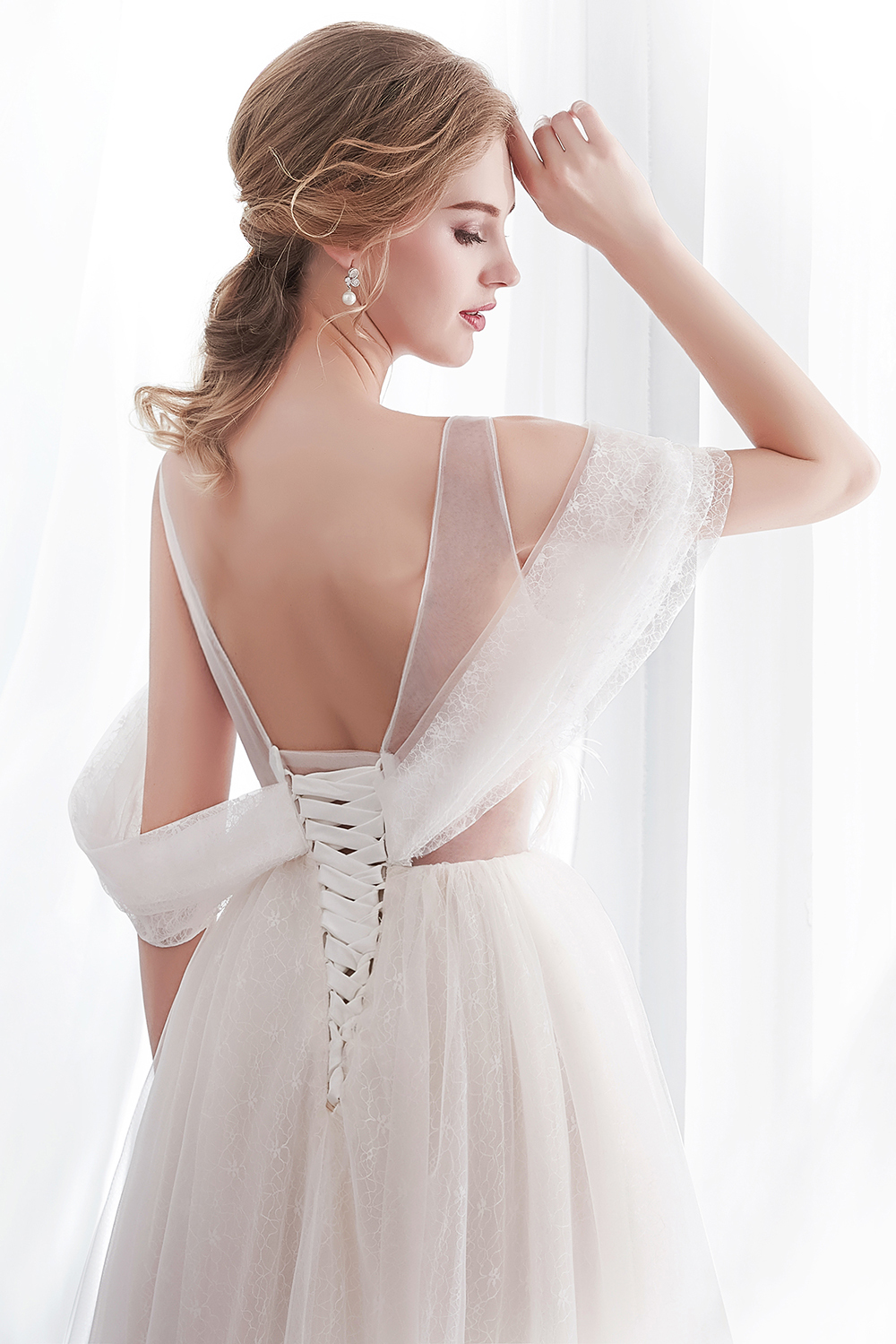NANCY | A-line Sleeveless Floor Length Lace Ivory Wedding Dresses UK