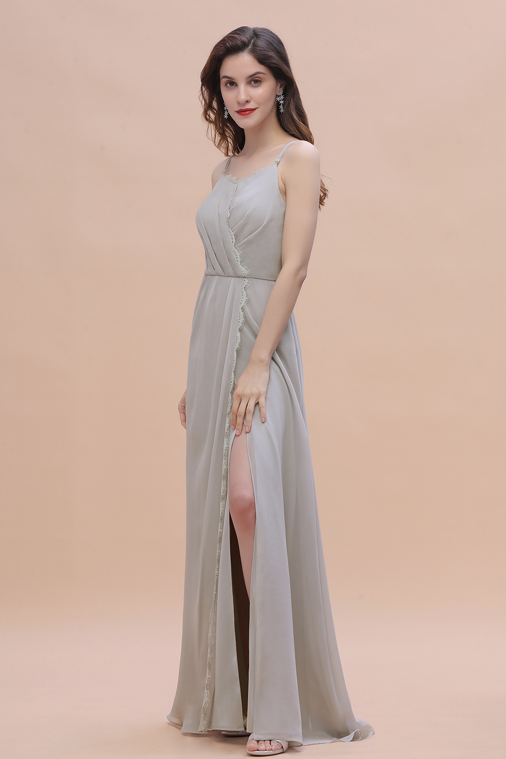 Spaghetti Straps Chiffon Lace Bridesmaid Dress Front Slit Wedding Guest Dress