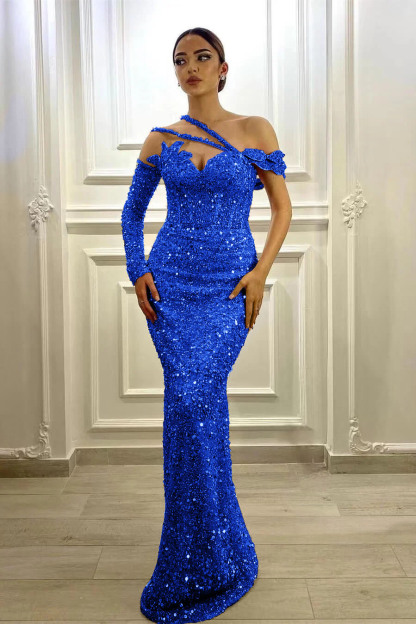 Gorgeous Long Sleeves One Shoulder Lavender Prom Dress Mermaid With Sequins