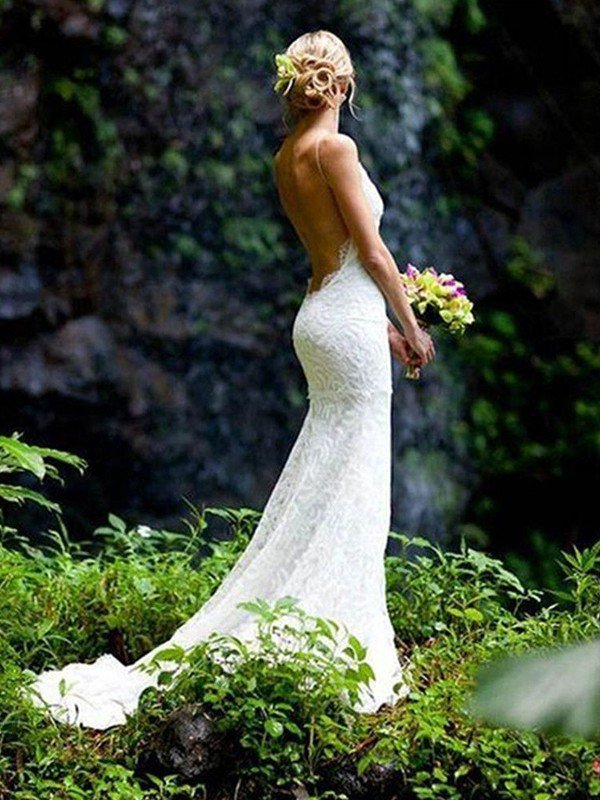 Court Train Sheath Spaghetti Straps Lace Sleeveless V-neck Wedding Dresses UK